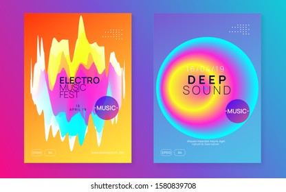 Music poster set. Fluid holographic gradient shape and line. Electronic sound. Night dance lifestyle holiday. Wavy trance event invitation template. Summer fest flyer and music poster.