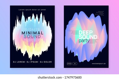 Music poster set. Fluid holographic gradient shape and line. Electronic sound. Night dance lifestyle holiday. Wavy disco party banner layout. Summer fest flyer and music poster.