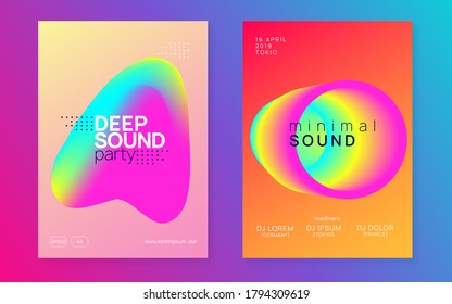 Music poster set. Fluid holographic gradient shape and line. Geometric electro show invitation layout. Electronic sound. Night dance lifestyle holiday. Summer fest flyer and music poster.