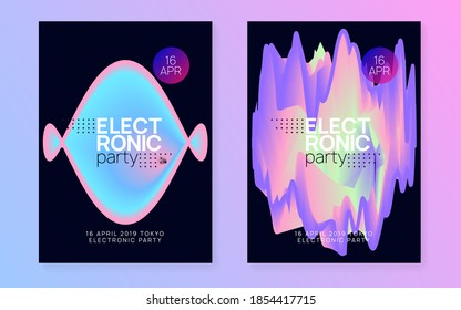 Music poster set. Fluid holographic gradient shape and line. Electronic sound. Night dance lifestyle holiday. Minimal disco show banner layout. Summer fest flyer and music poster.