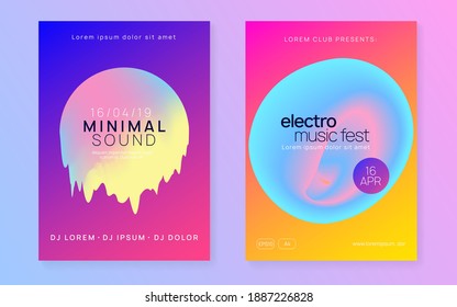Music poster set. Fluid holographic gradient shape and line. Wavy techno party banner template. Electronic sound. Night dance lifestyle holiday. Summer fest flyer and music poster.