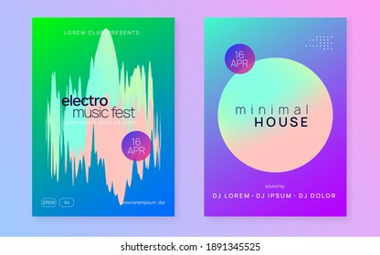 Music poster set. Fluid holographic gradient shape and line. Electronic sound. Night dance lifestyle holiday. Cool techno show invitation design. Summer fest flyer and music poster.