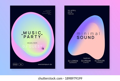 Music poster set. Fluid holographic gradient shape and line. Electronic sound. Night dance lifestyle holiday. Trendy disco show brochure template. Summer fest flyer and music poster.