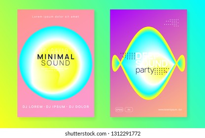 Music poster set. Futuristic disco club cover design. Fluid holographic gradient shape and line. Electronic sound. Night dance lifestyle holiday. Summer fest flyer and music poster.