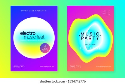 Music poster set. Futuristic disco party brochure design. Fluid holographic gradient shape and line. Electronic sound. Night dance lifestyle holiday. Summer fest flyer and music poster.