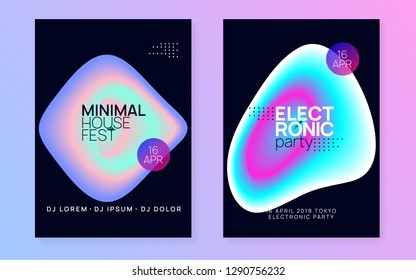 Music poster set. Geometric techno party invitation template. Fluid holographic gradient shape and line. Electronic sound. Night dance lifestyle holiday. Summer fest flyer and music poster.
