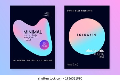 Juego de afiches musicales. Plantilla de folleto de eventos de tecnología geométrica. Sonido electrónico. Día festivo de estilo de vida de baile nocturno. Forma y línea de gradiente holográfico fluido. Volante del festival de verano y afiche musical.