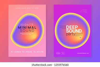 Music poster set. Geometric trance show invitation design. Electronic sound. Night dance lifestyle holiday. Fluid holographic gradient shape and line. Summer fest flyer and music poster.