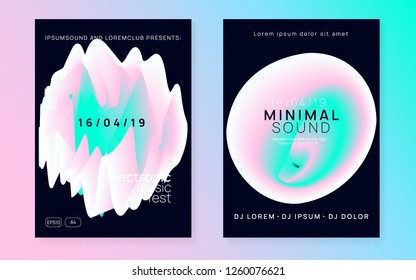 Music poster set. Minimal house party invitation template. Electronic sound. Night dance lifestyle holiday. Fluid holographic gradient shape and line. Summer fest flyer and music poster.