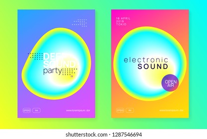 Music poster set. Minimal indie party brochure design. Electronic sound. Night dance lifestyle holiday. Fluid holographic gradient shape and line. Summer fest flyer and music poster.