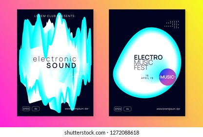 Music poster set. Modern house party brochure template. Electronic sound. Night dance lifestyle holiday. Fluid holographic gradient shape and line. Summer fest flyer and music poster.