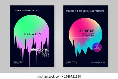 Music poster set. Wavy techno club brochure template. Fluid holographic gradient shape and line. Electronic sound. Night dance lifestyle holiday. Summer fest flyer and music poster.