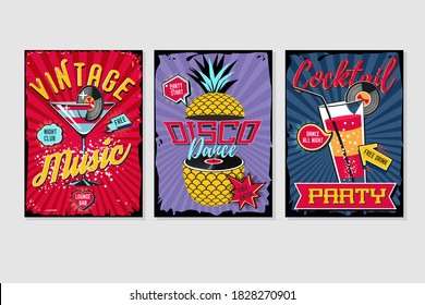 Music poster sets. Vintage backgrounds collection. Vector graphic design pack. Retro party template.