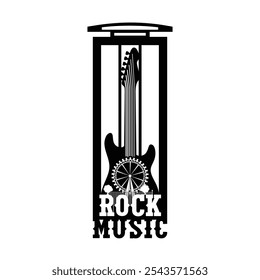 Afiche musical. Rascacielos y noria. Guitarra Urbana. Diseño para impresión de camiseta o póster. Dibujado a mano para el logotipo y el emblema del rock-n-roll. Silueta de una megalópolis. Ilustración vectorial para la camiseta 