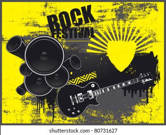 music poster with speaker text shield and guitar