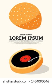 Music poster template background decorative with vinyl record and hamburger. Graphic design element can be used for backdrop, banner, brochure, leaflet, publication, vector illustration