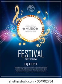 Music Poster Template with Circle Banner, Notes & Treble Clef. Shining Design. Vector illustration 