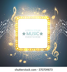 Music Poster Template with Circle Banner, Notes & Treble Clef. Shining Design. Vector illustration 