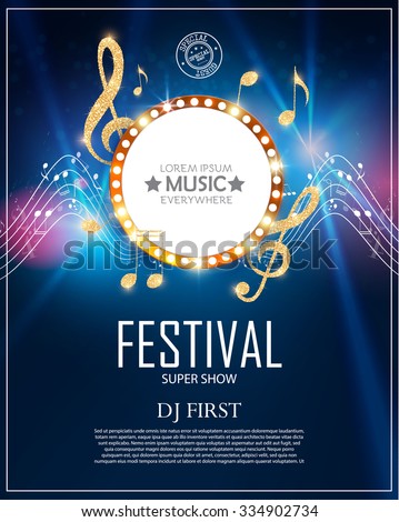 Music Poster Template with Circle Banner, Notes & Treble Clef. Shining Design. Vector illustration 