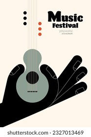 Music poster template design background with acoustic guitar vintage retro style. Design template can be used for backdrop, banner, brochure, leaflet, flyer, print, vector illustration