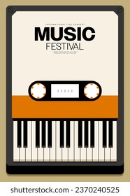 Music poster template design background with piano keyboard and cassette tape vintage retro style. Design template can be used for backdrop, banner, brochure, leaflet, print, vector illustration