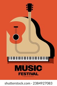 Fondo de diseño de plantillas de afiches musicales con teclado de piano y estilo retro vintage de guitarra clásico. La plantilla de diseño puede utilizarse para banner, folleto, folleto, volante, impresión, ilustración vectorial