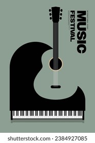 Music poster template design background with piano keyboard and classic guitar vintage retro style. Design template can be used for banner, brochure, leaflet, flyer, print, vector illustration