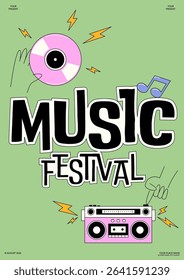 Music poster template design background. Retro vinyl record and boombox radio. Design element can be used for leaflet, flyer, print, banner, brochure, advertisement, vector illustration