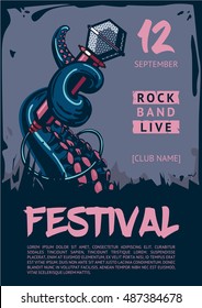 Music poster template for rock concert. Octopus is holding microphone.