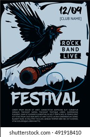 Music poster template for rock concert. Raven is holding microphone.