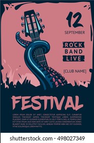 Music poster template for rock concert. Octopus with guitar.