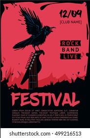 Music poster template for rock concert. Raven with guitar.