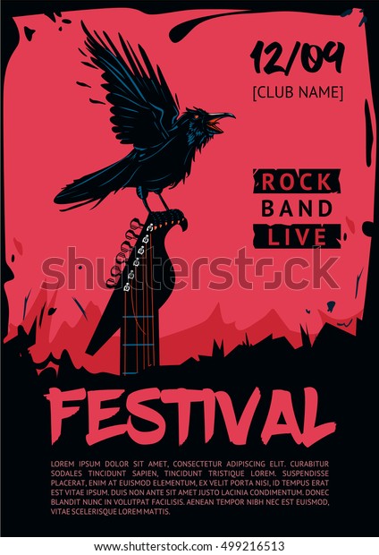 Music poster template for rock concert. Raven\
with guitar.