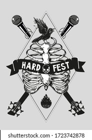 Music poster template. Rock and roll festival flyer design. Guitar, microphone and rib cage. Vintage vector illustration