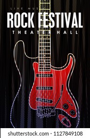 Music poster template. Vector flyer background with electric guitar illustration. 