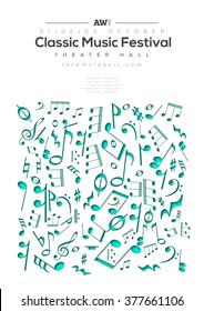 Plantilla de póster musical. Fondo del volante vectorial con ilustración de notas musicales. Tamaño A4.