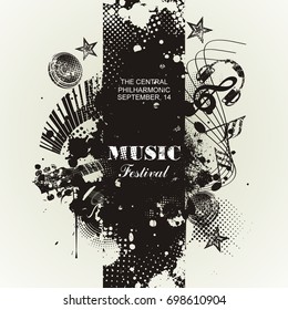 Music poster template. Vector flyer background in paint brush style. 