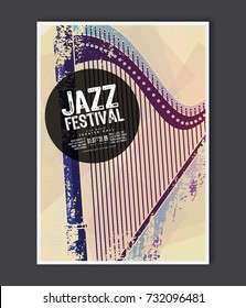 Music poster template. Vector Jazz music flyer background with harp instrument flat illustration. A4 size flyer.