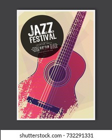 Music poster template. Vector Jazz music flyer background with acoustic guitar flat illustration. A4 size flyer.