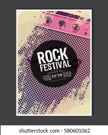 Music Poster Template. Vector Rock Music Flyer Background With Electric Guitar Amplifier Flat Illustration. A4 Size Flyer.