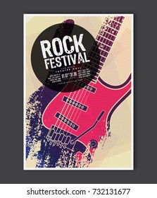 Music poster template. Vector Rock music flyer background with electric guitar flat illustration. A4 size flyer.