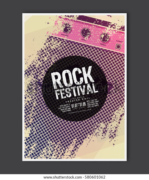 Music\
poster template. Vector Rock music flyer background with electric\
guitar amplifier flat illustration. A4 size\
flyer.