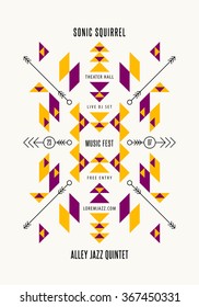 Music poster template. Vector tribal, ethnic, aztec, indian art elements. Flyer, banner, card, cover, fashion, apparel graphic design.