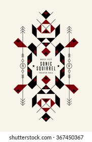 Music poster template. Vector tribal, ethnic, aztec, indian art elements. Flyer, banner, card, cover, fashion, apparel graphic design.