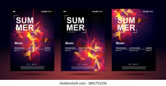 Music poster templates for bass electronic music. Club banner design. Night sound event. Shining geometric shapes chaotically arranged. Sound explosion.