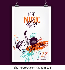 Music poster, ticket or program. Hand drawn illustration with brush strokes for jazz festival.