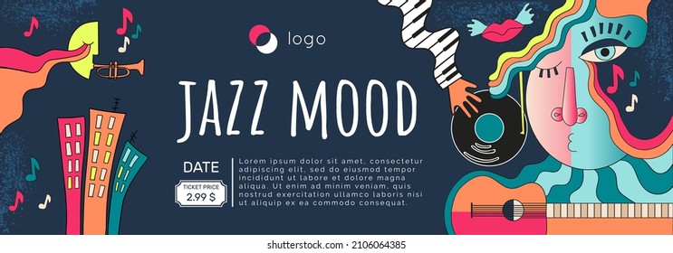 Music poster in a trendy abstract cartoon style. Vector banner template.