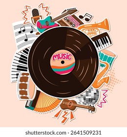 Music poster with vinyl record, disco ball, compact cassette, microphone, musical instruments, notes. Cartoon composition with saxophone, keyboards, accordion, guitar, drum, ukulele. Vector design.