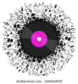 Music poster with vinyl record and music notes. Vector Illustration.