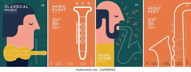 Music poster. Violinist. Flute. Saxophone. Saxophonist. Jazz festival.  A set of vector illustrations. Minimalistic design. Cover, print, banner, flyer.